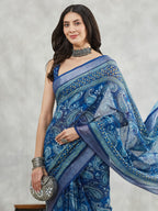 Janasya Women's Blue Linen Blend Paisley Printed Printed Saree with Blouse Piece