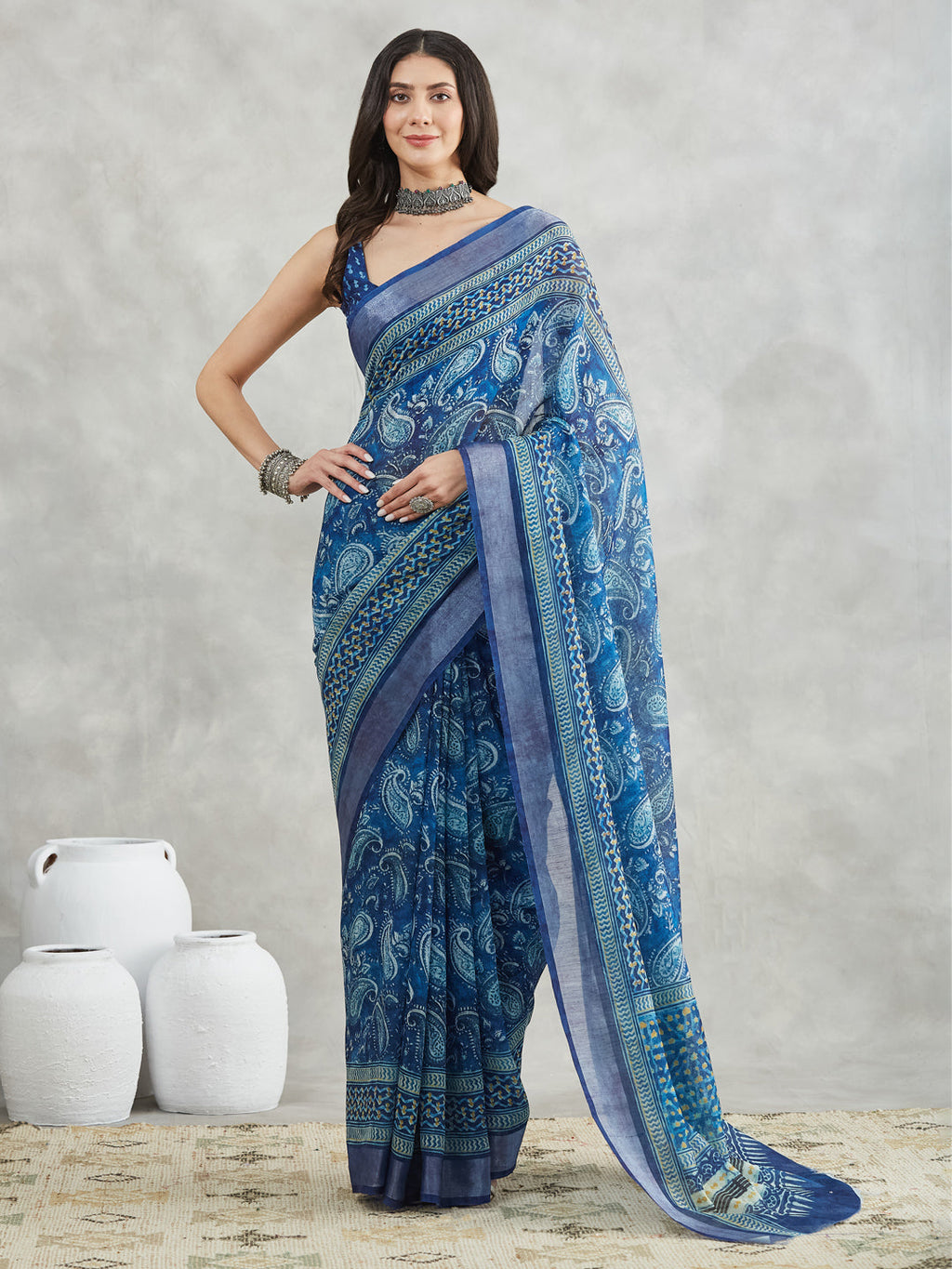 Janasya Women's Blue Linen Blend Paisley Printed Printed Saree with Blouse Piece