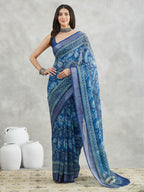 Janasya Women's Blue Linen Blend Paisley Printed Printed Saree with Blouse Piece