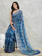Janasya Women's Blue Linen Blend Paisley Printed Printed Saree with Blouse Piece
