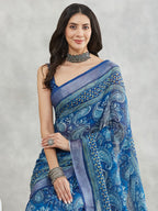 Janasya Women's Blue Linen Blend Paisley Printed Printed Saree with Blouse Piece