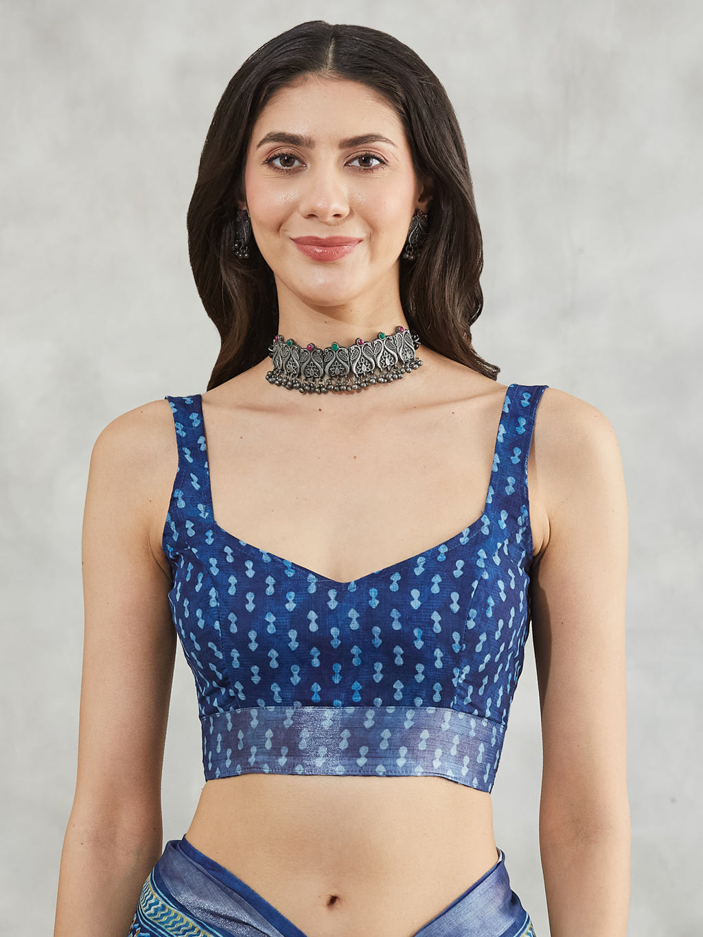 Janasya Women's Blue Linen Blend Paisley Printed Printed Saree with Blouse Piece