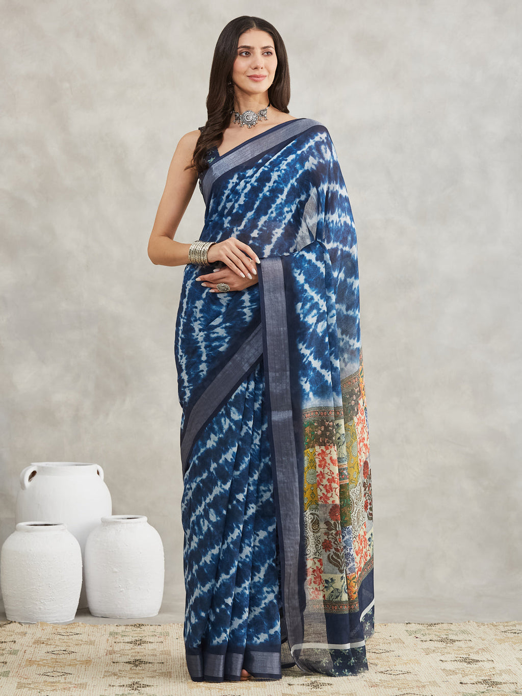 Janasya Women's Indigo Linen Blend Tie & Dye Printed Printed Saree with Blouse Piece