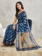 Janasya Women's Indigo Linen Blend Tie & Dye Printed Printed Saree with Blouse Piece