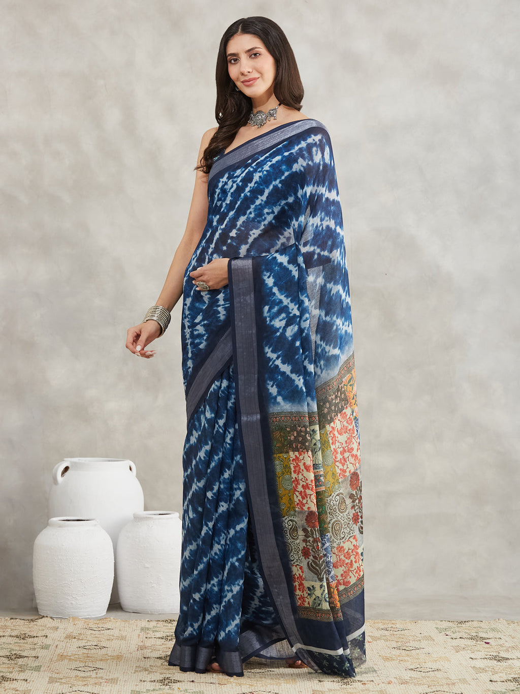 Janasya Women's Indigo Linen Blend Tie & Dye Printed Printed Saree with Blouse Piece