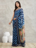 Janasya Women's Indigo Linen Blend Tie & Dye Printed Printed Saree with Blouse Piece
