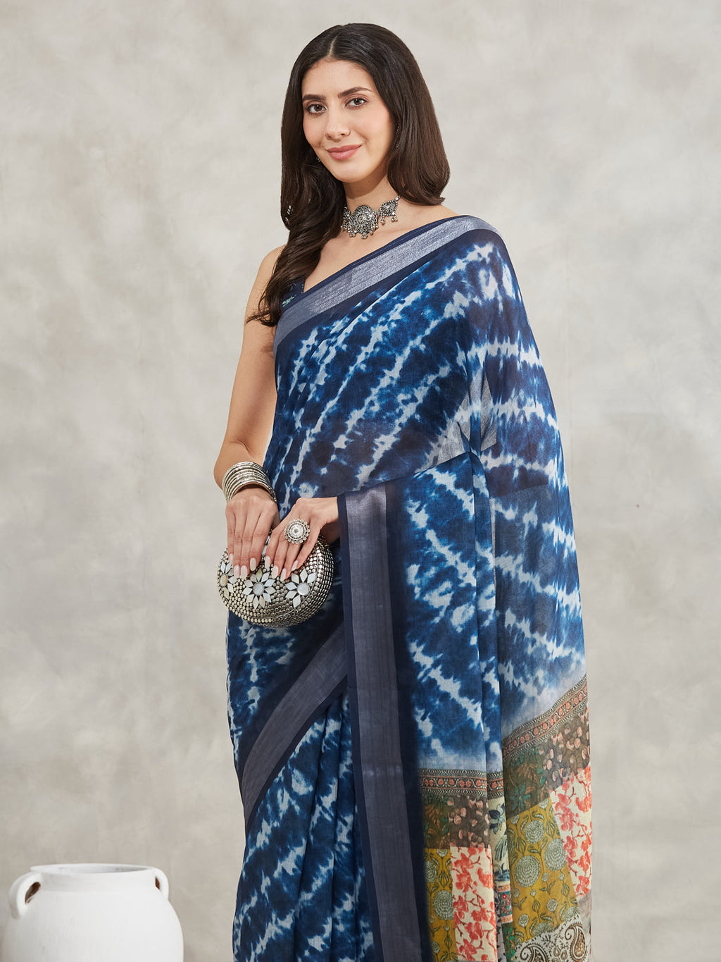 Janasya Women's Indigo Linen Blend Tie & Dye Printed Printed Saree with Blouse Piece