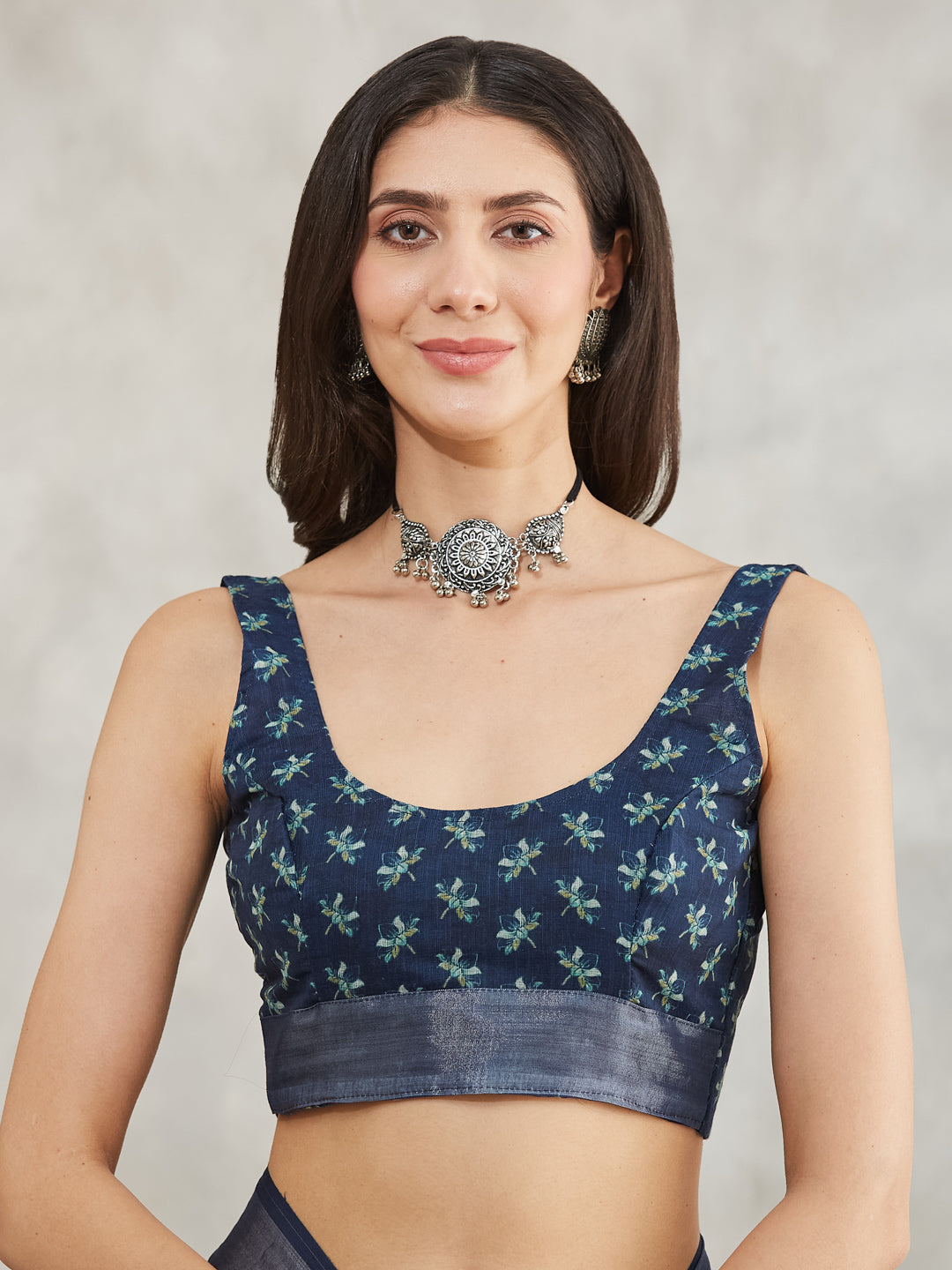 Janasya Women's Indigo Linen Blend Tie & Dye Printed Printed Saree with Blouse Piece