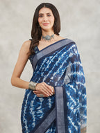 Janasya Women's Indigo Linen Blend Tie & Dye Printed Printed Saree with Blouse Piece