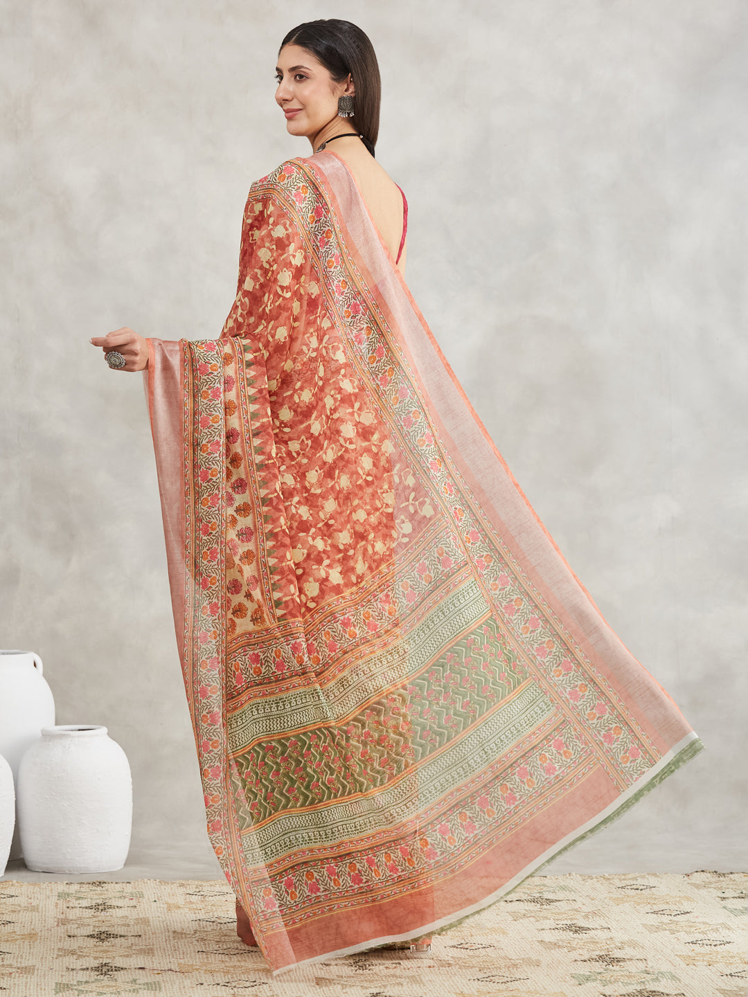 Janasya Women's Rust Linen Blend Batik Printed Printed Saree with Blouse Piece