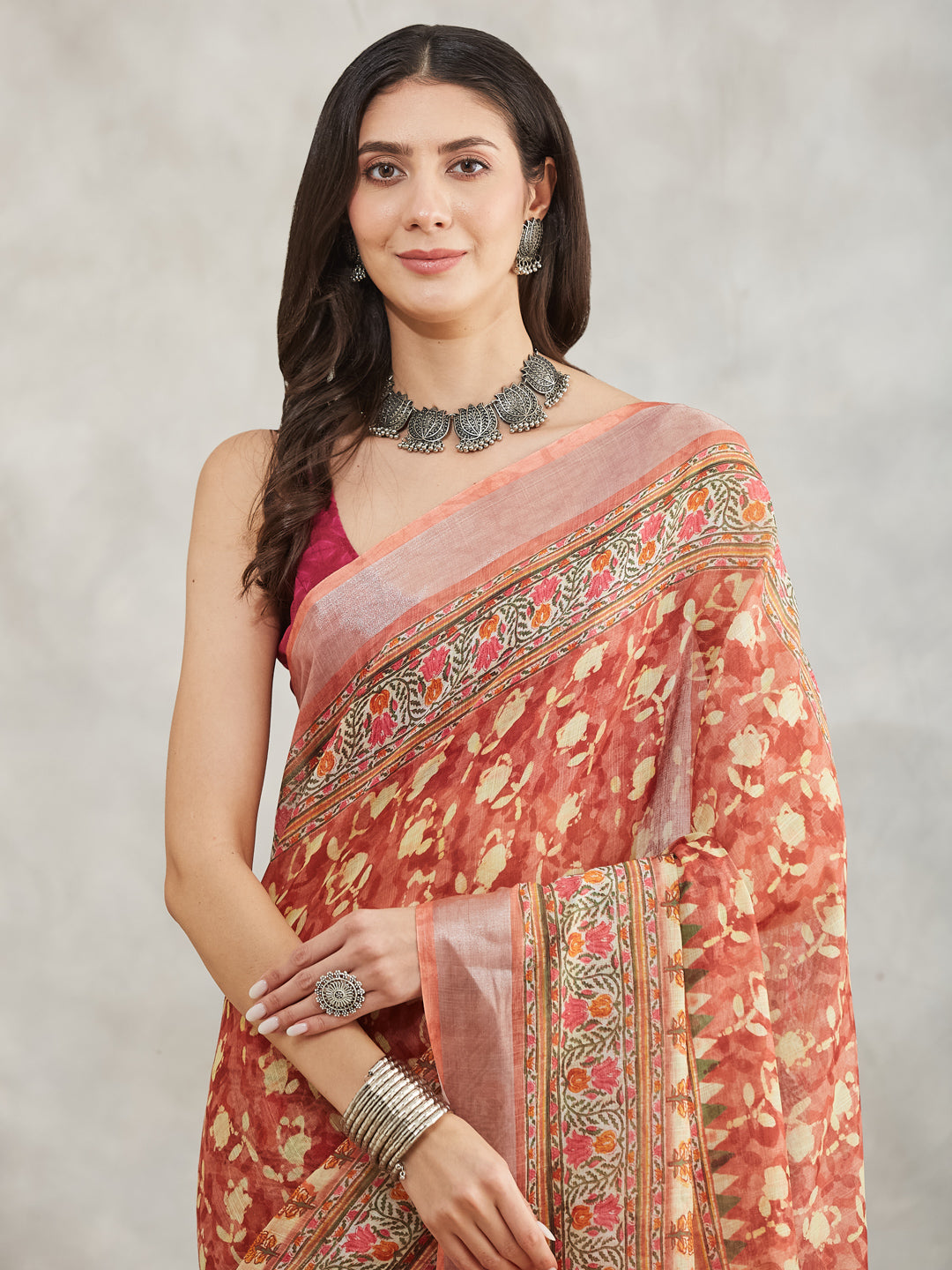 Janasya Women's Rust Linen Blend Batik Printed Printed Saree with Blouse Piece