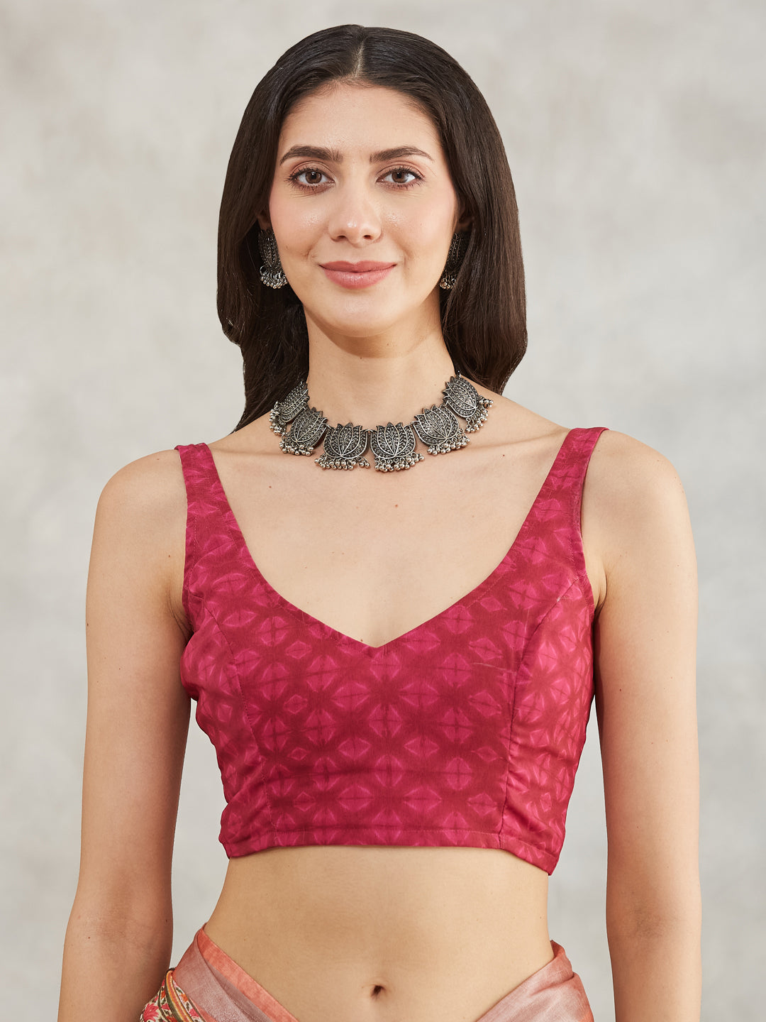 Janasya Women's Rust Linen Blend Batik Printed Printed Saree with Blouse Piece