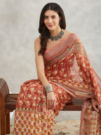 Janasya Women's Rust Linen Blend Batik Printed Printed Saree with Blouse Piece
