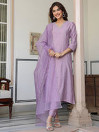 Women's Lavender Chinon Embellished Kurta with Pant and Dupatta