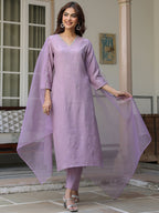 Women's Lavender Chinon Embellished Kurta with Pant and Dupatta
