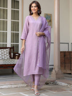 Women's Lavender Chinon Embellished Kurta with Pant and Dupatta