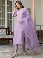 Women's Lavender Chinon Embellished Kurta with Pant and Dupatta