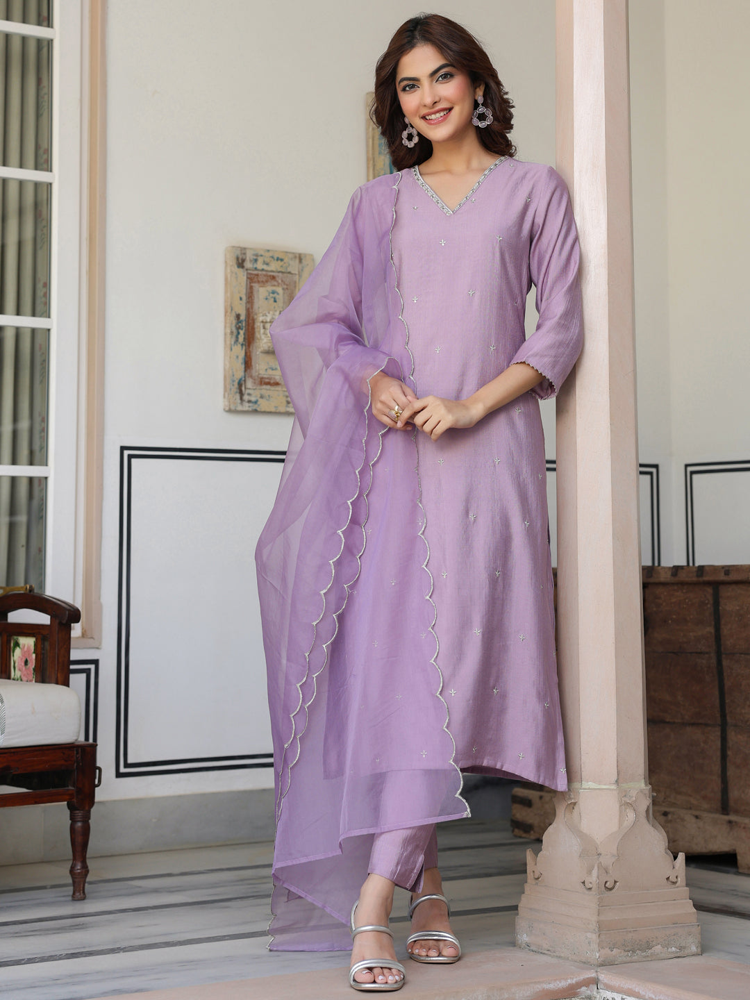 Women's Lavender Chinon Embellished Kurta with Pant and Dupatta