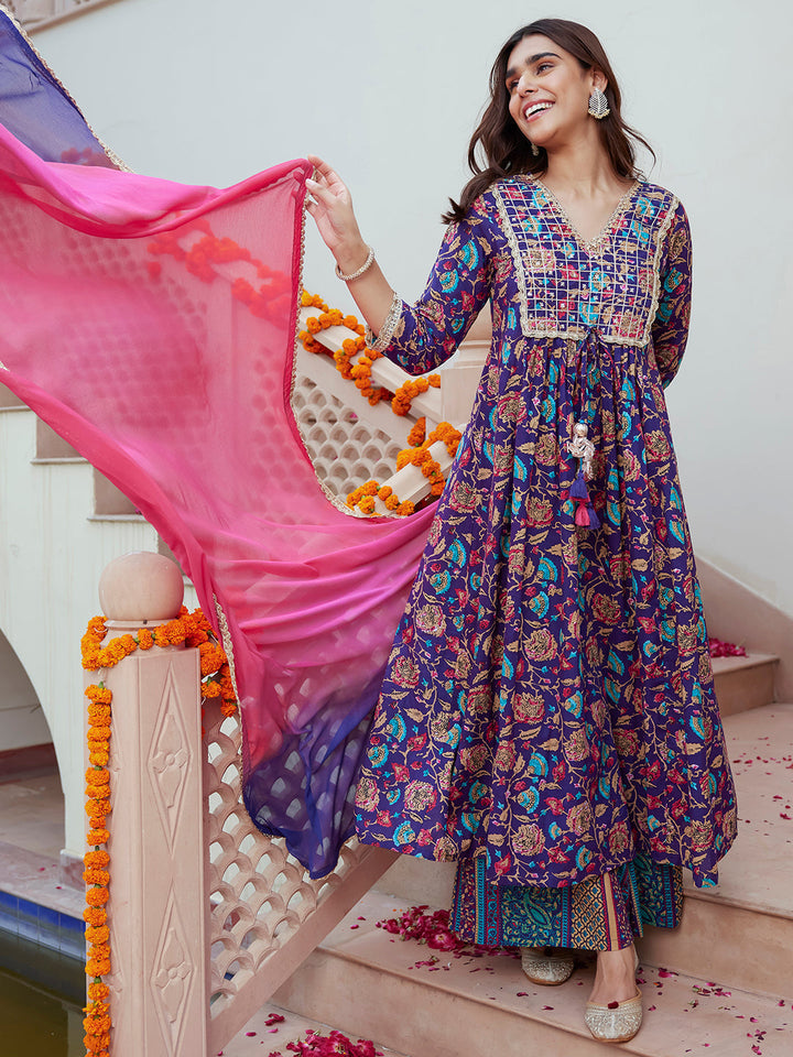 Purple Cotton Embellished Ethnic Printed Kurta with Flared Palazzo and Dupatta - qivii