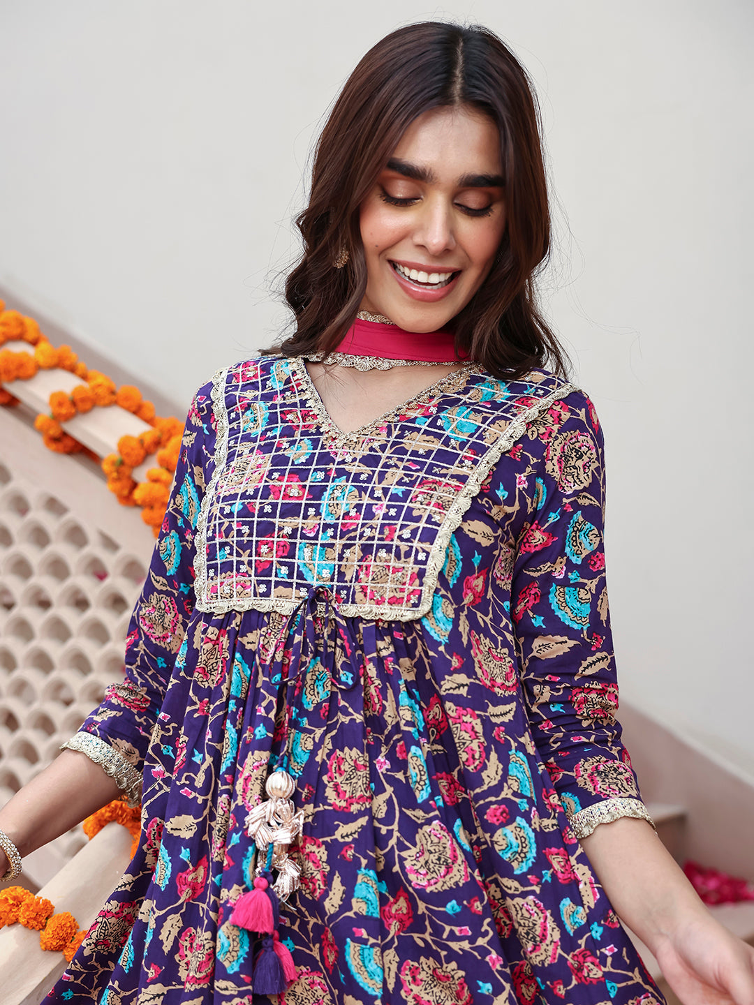 Purple Cotton Embellished Ethnic Printed Kurta with Flared Palazzo and Dupatta - qivii