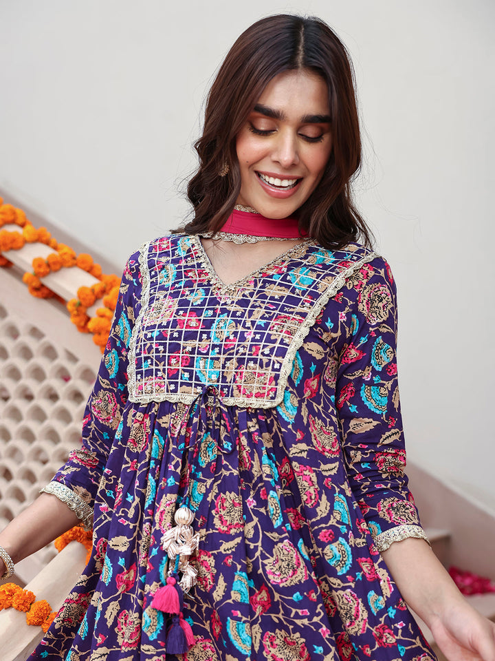Purple Cotton Embellished Ethnic Printed Kurta with Flared Palazzo and Dupatta - qivii
