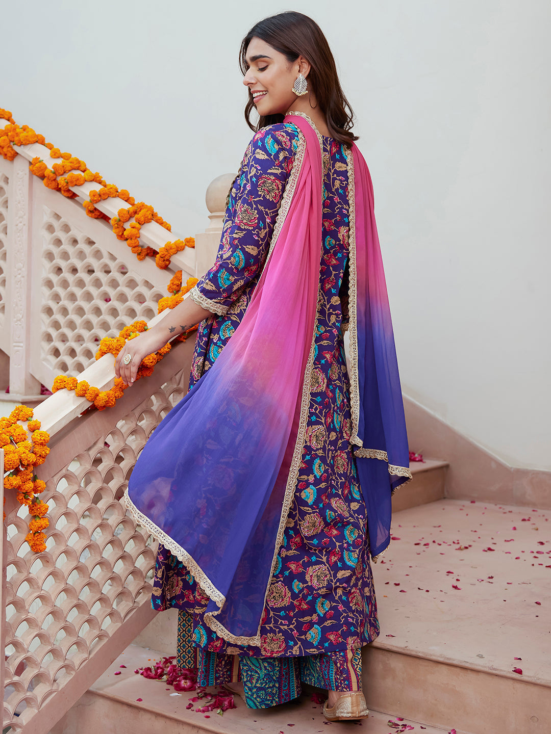 Purple Cotton Embellished Ethnic Printed Kurta with Flared Palazzo and Dupatta - qivii