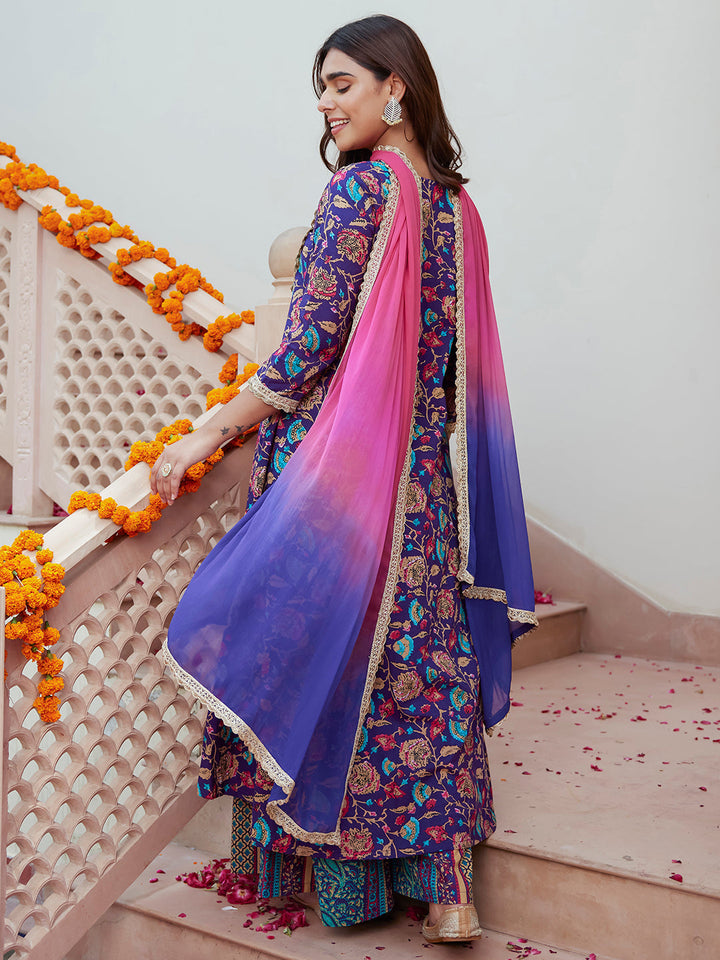Purple Cotton Embellished Ethnic Printed Kurta with Flared Palazzo and Dupatta - qivii