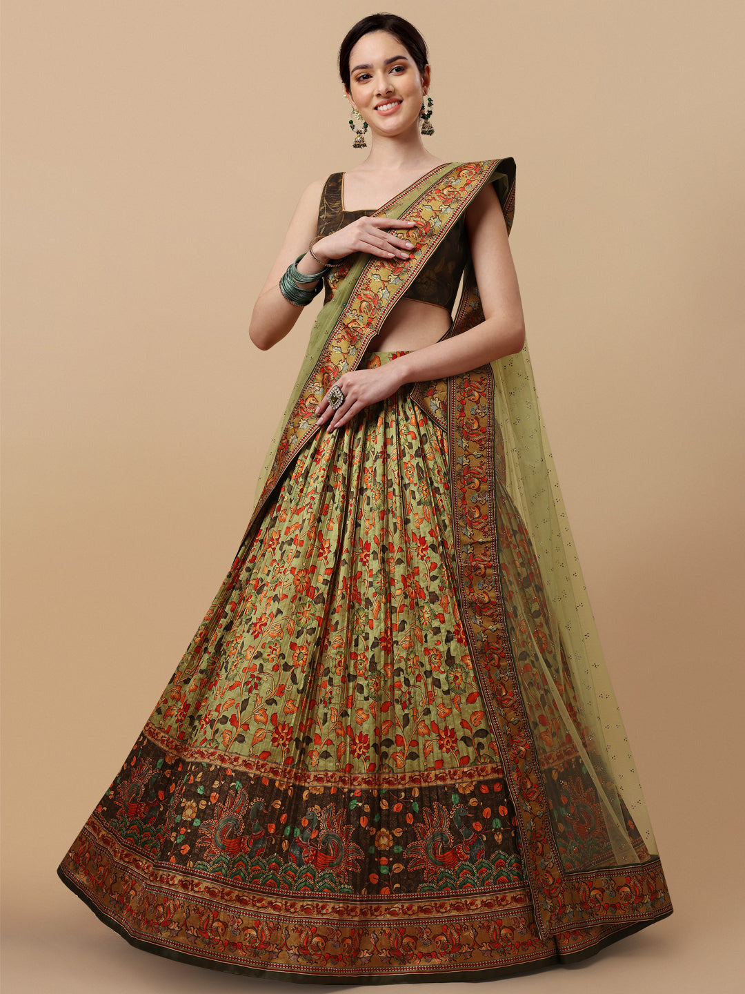 Ethnic Elegance: Kalamkari Lehenga with Digital Prints - qivii