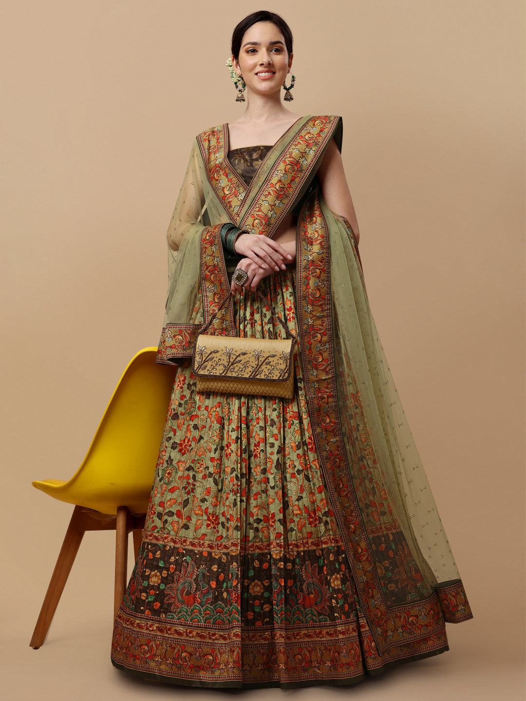 Ethnic Elegance: Kalamkari Lehenga with Digital Prints - qivii