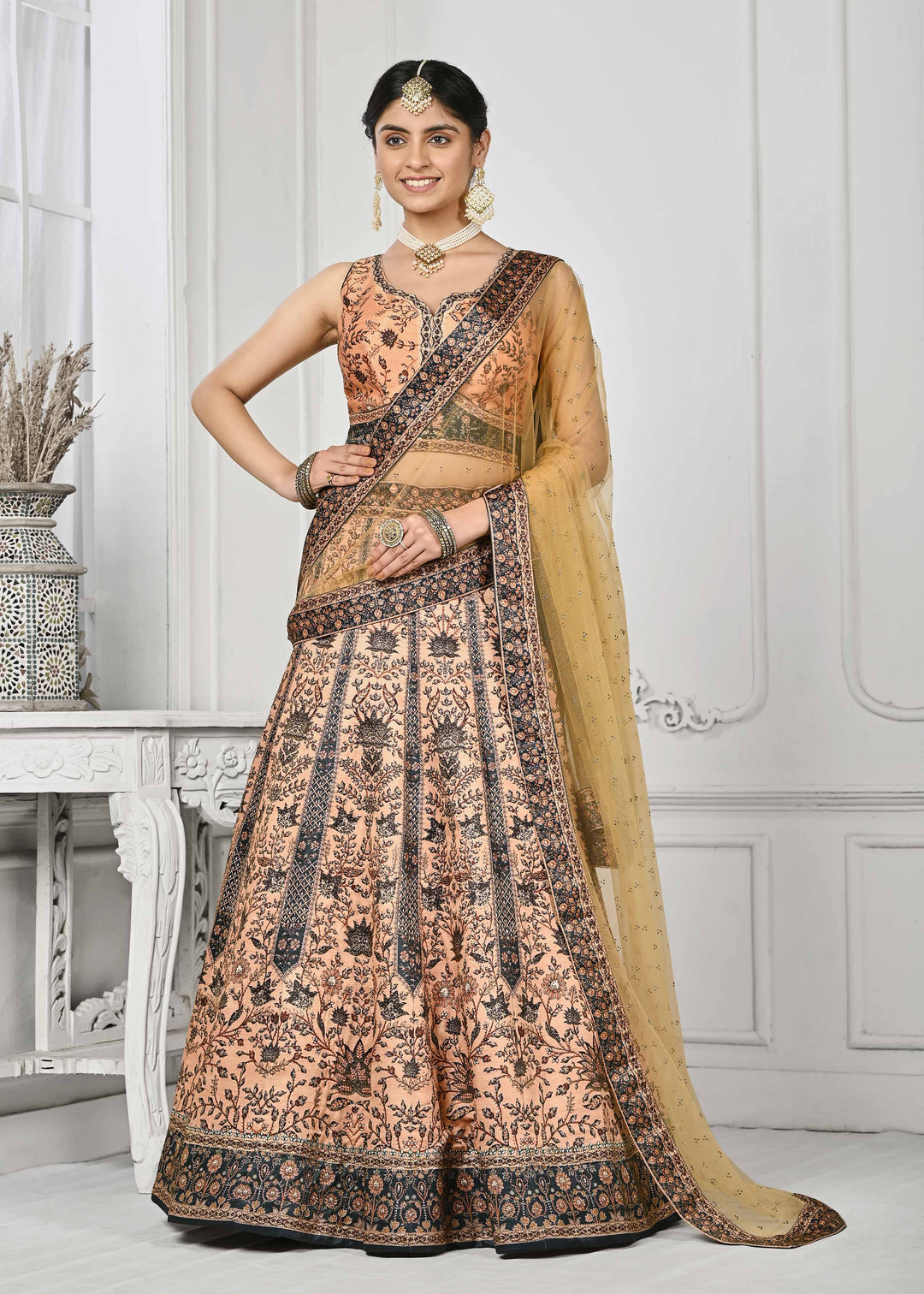 Dazzling Elegance: Swarovski Symphony Digital Print Lehenga - qivii
