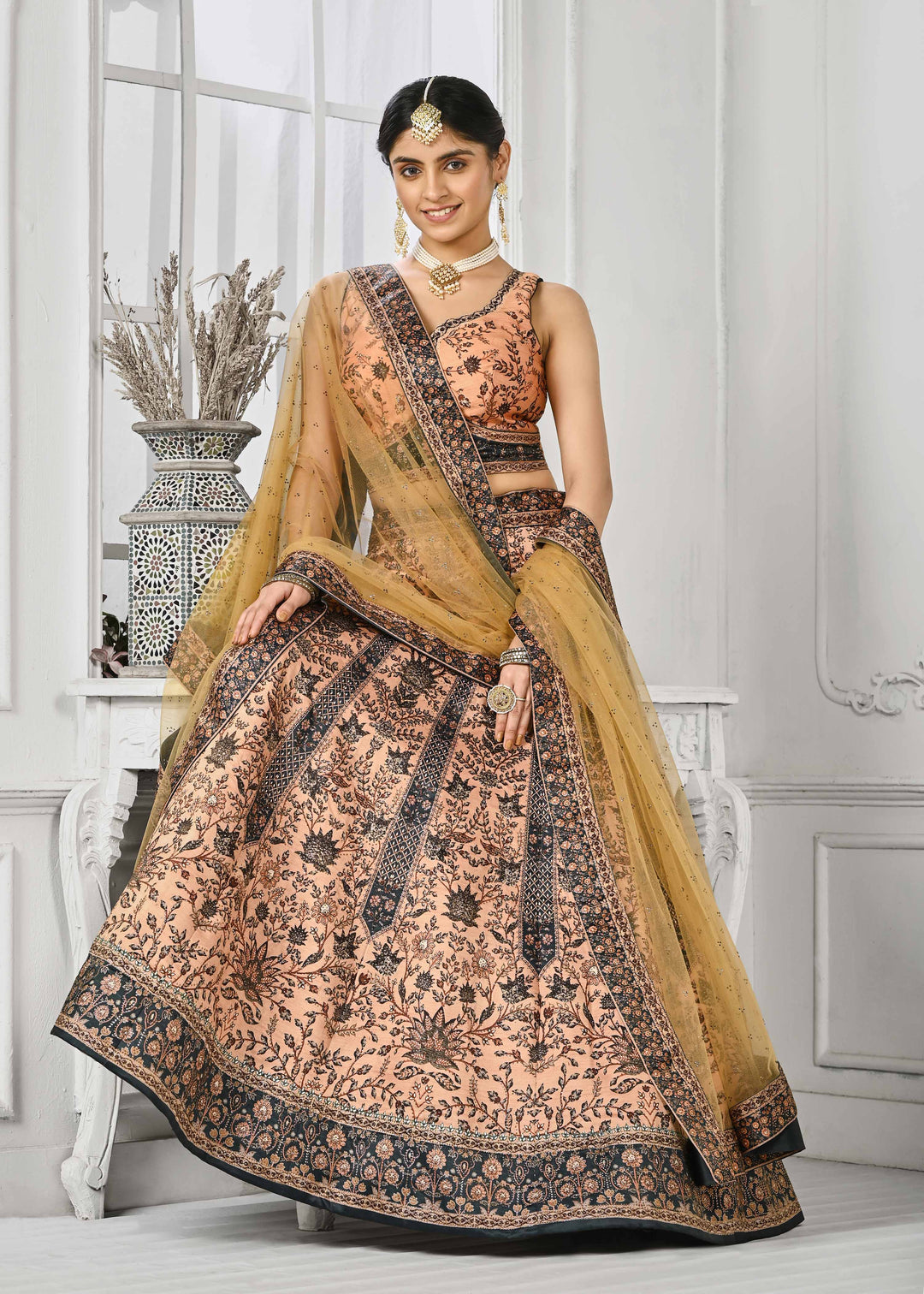 Dazzling Elegance: Swarovski Symphony Digital Print Lehenga - qivii