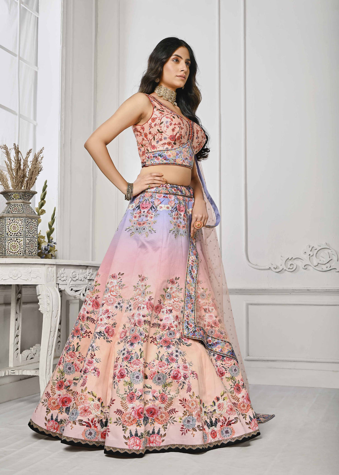 Glimmering Elegance: Swarovski Crystal Infused Digital Print Lehenga - qivii