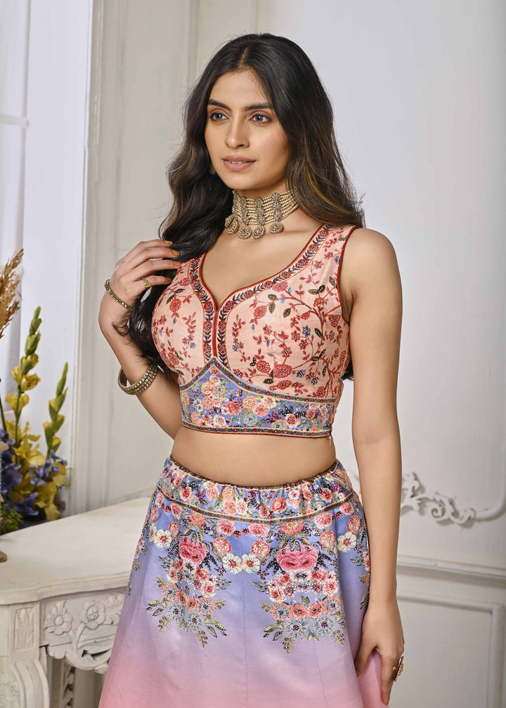 Glimmering Elegance: Swarovski Crystal Infused Digital Print Lehenga - qivii