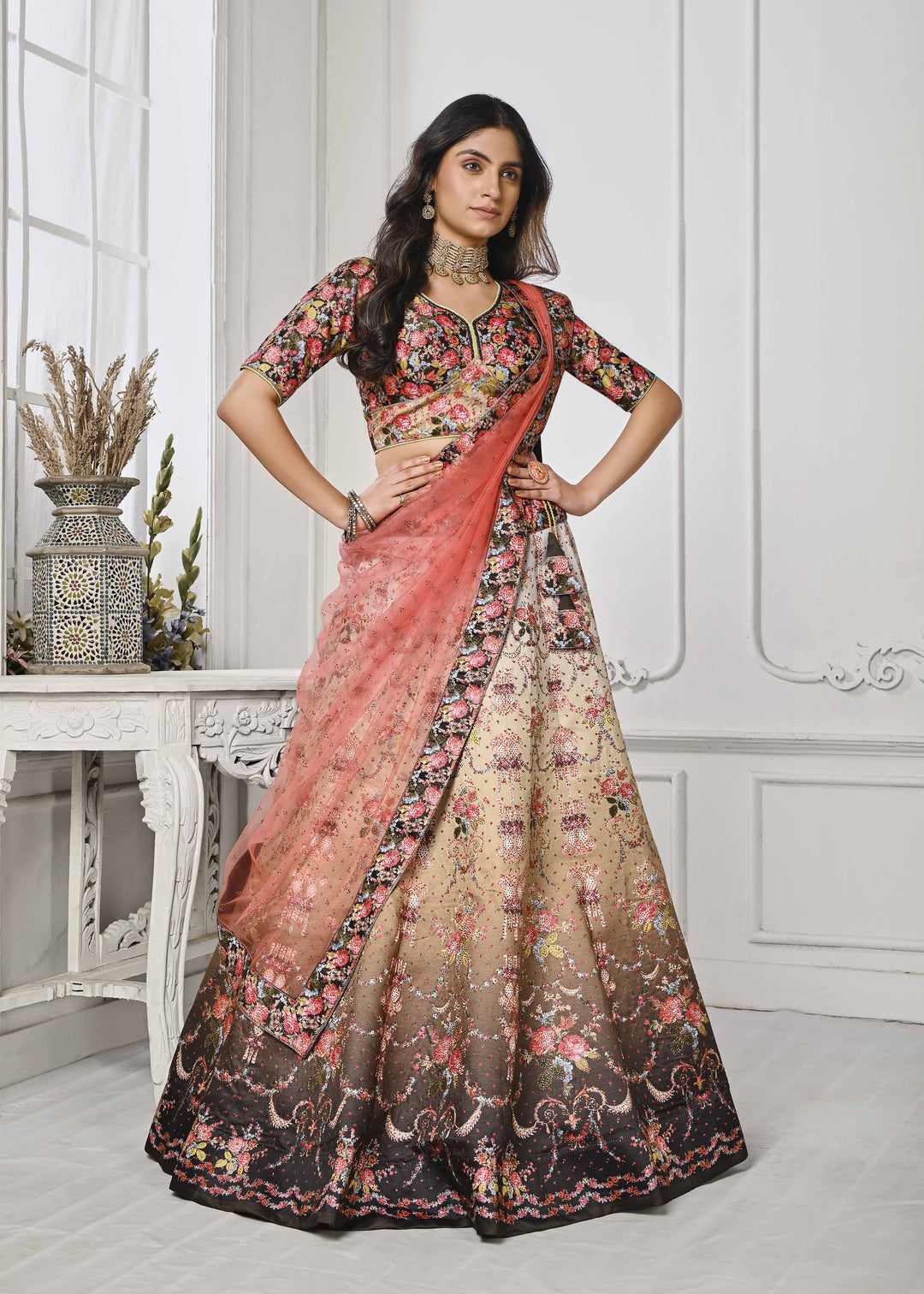 Crystal Elegance: Swarovski-Embellished Digital Print Lehenga - qivii