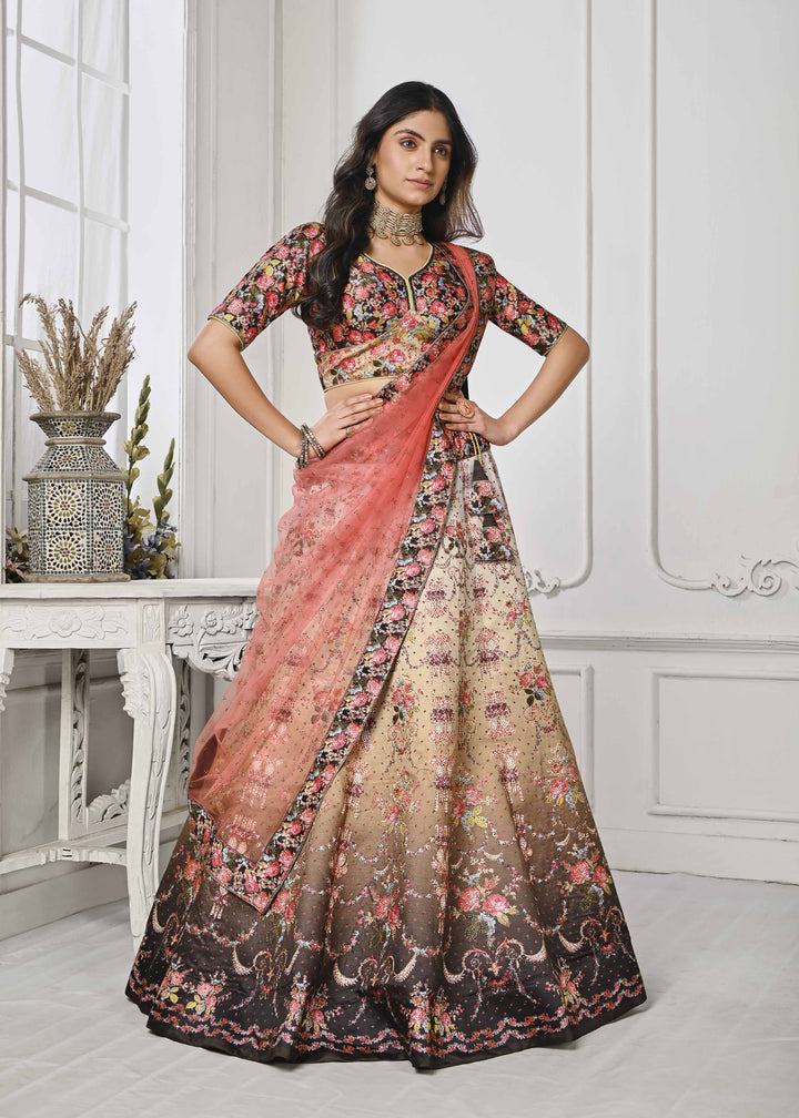 Crystal Elegance: Swarovski-Embellished Digital Print Lehenga - qivii