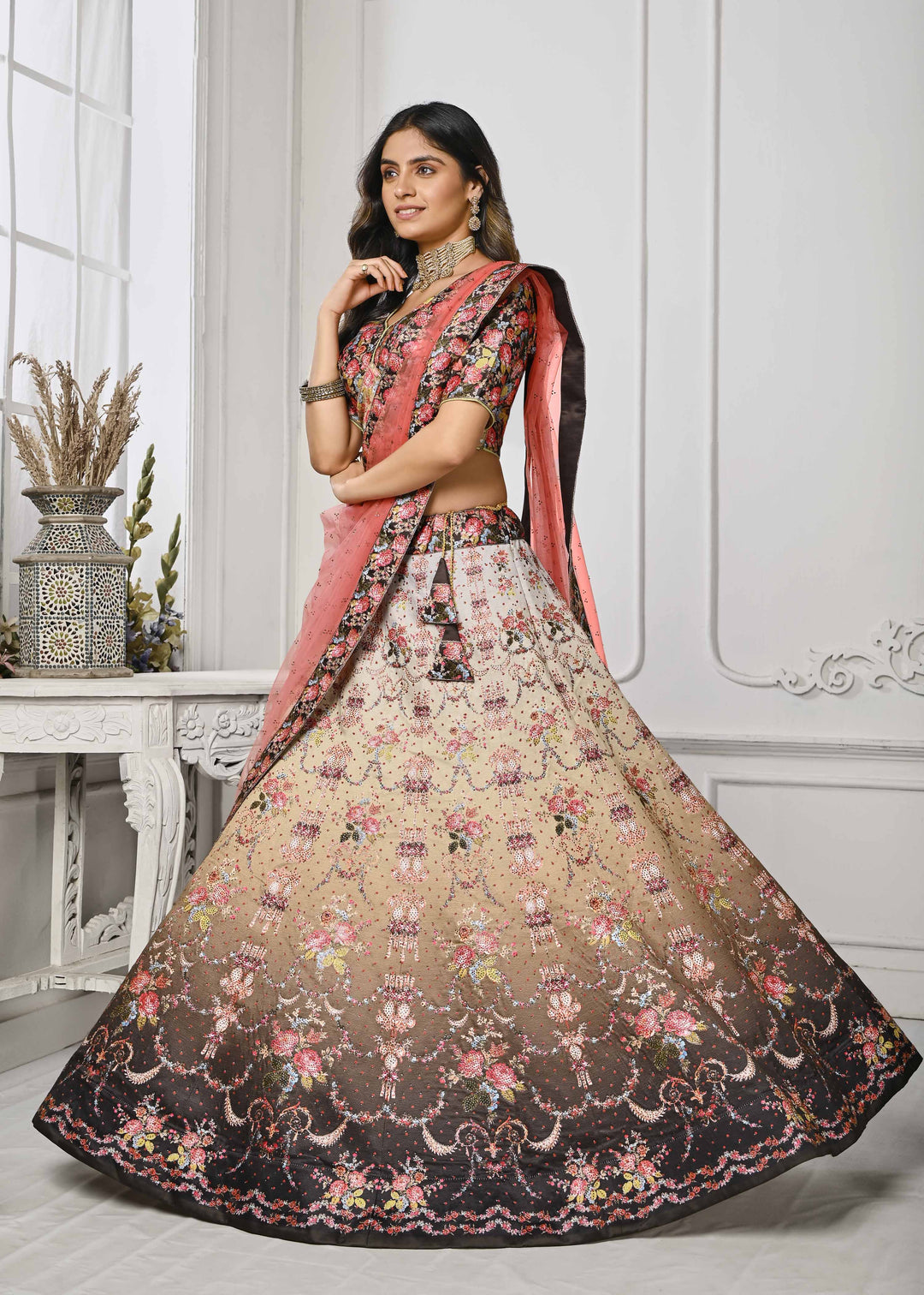 Crystal Elegance: Swarovski-Embellished Digital Print Lehenga - qivii