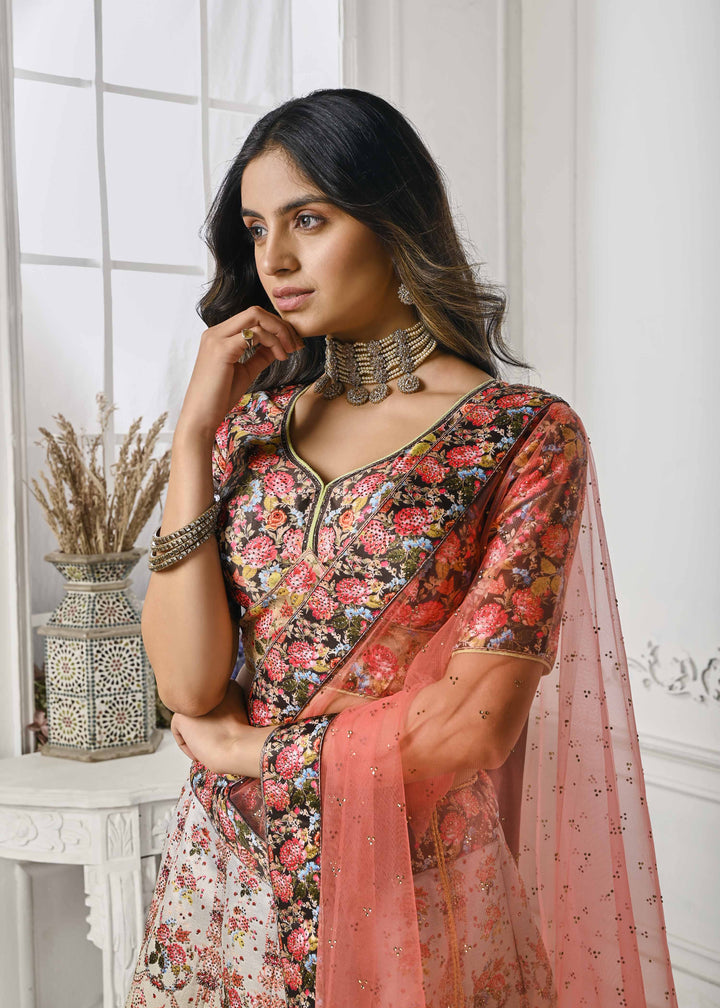 Crystal Elegance: Swarovski-Embellished Digital Print Lehenga - qivii