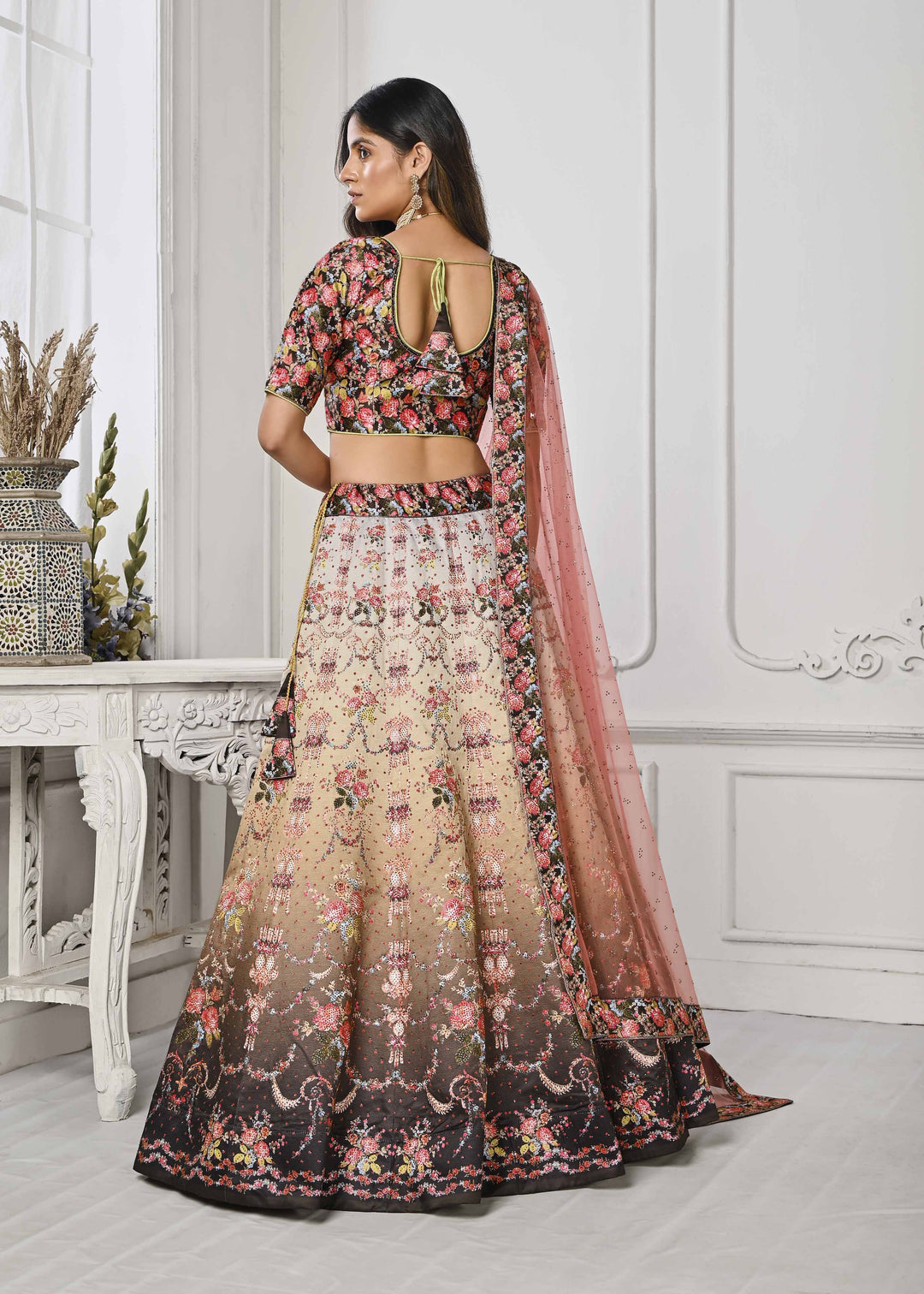 Crystal Elegance: Swarovski-Embellished Digital Print Lehenga - qivii