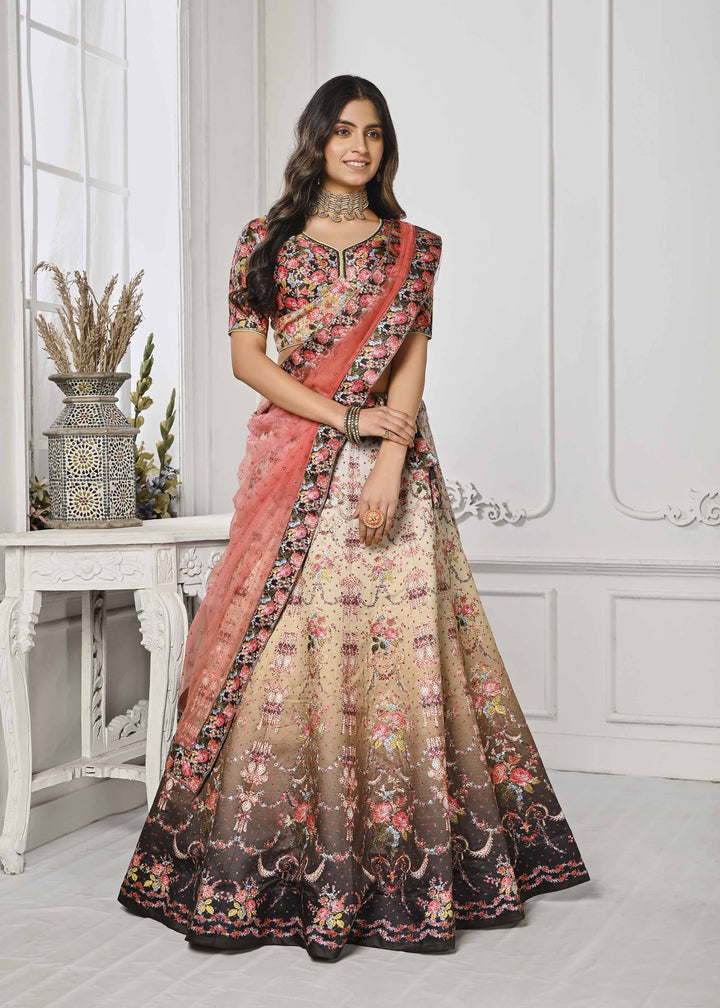 Crystal Elegance: Swarovski-Embellished Digital Print Lehenga - qivii