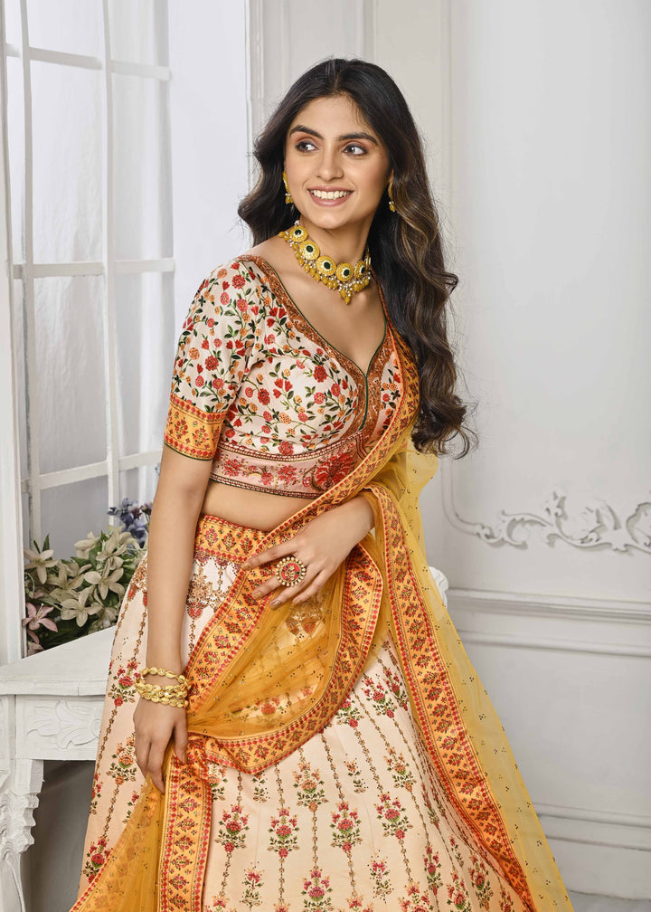 Gleaming Elegance: Swarovski Crystal Adorned Digital Print Lehenga - qivii