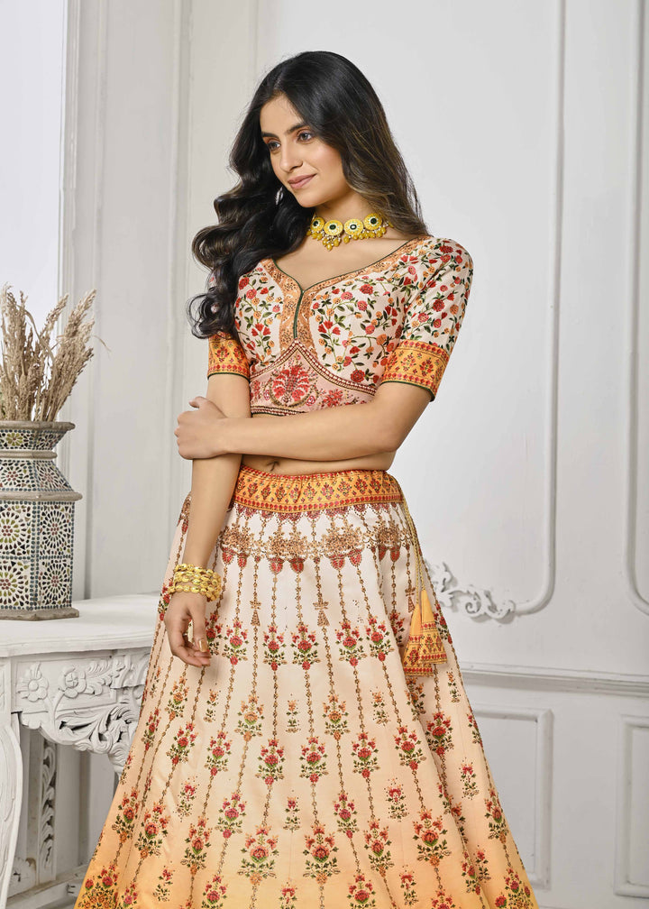 Gleaming Elegance: Swarovski Crystal Adorned Digital Print Lehenga - qivii