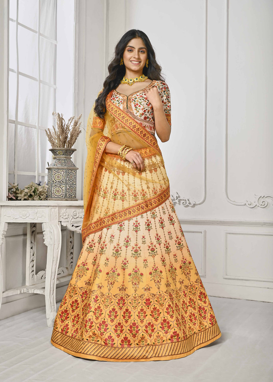 Gleaming Elegance: Swarovski Crystal Adorned Digital Print Lehenga - qivii