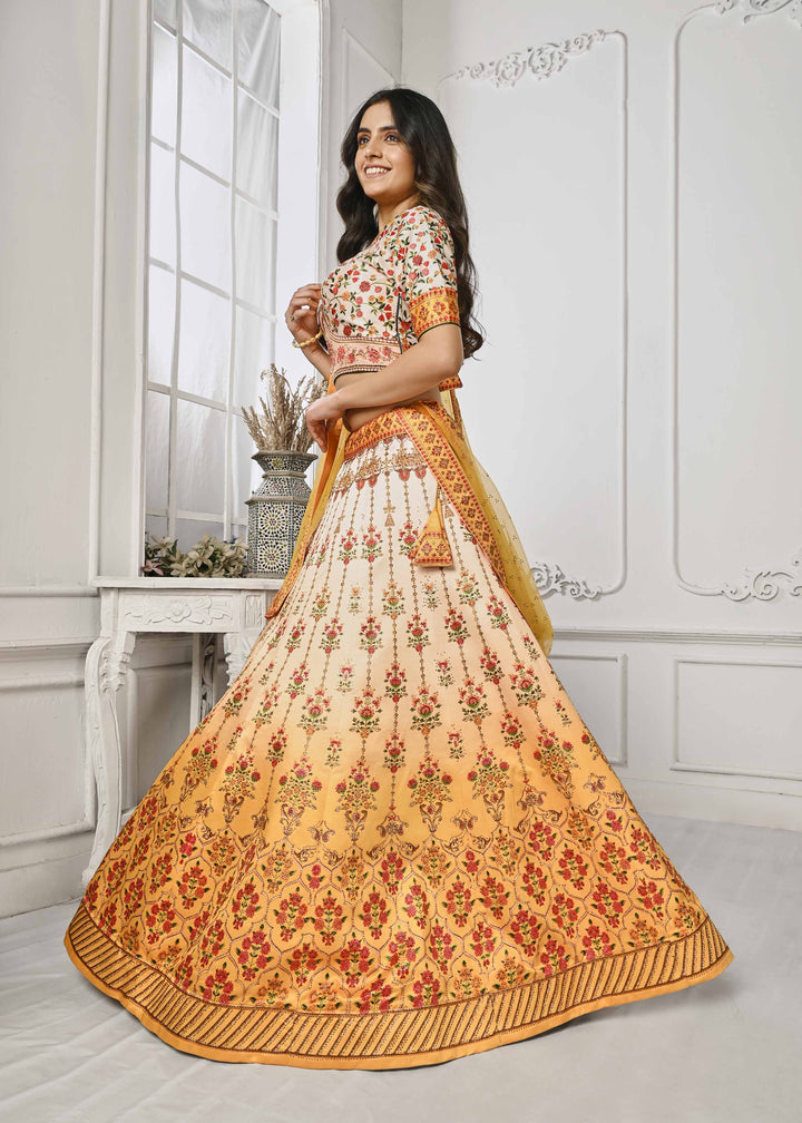 Gleaming Elegance: Swarovski Crystal Adorned Digital Print Lehenga - qivii