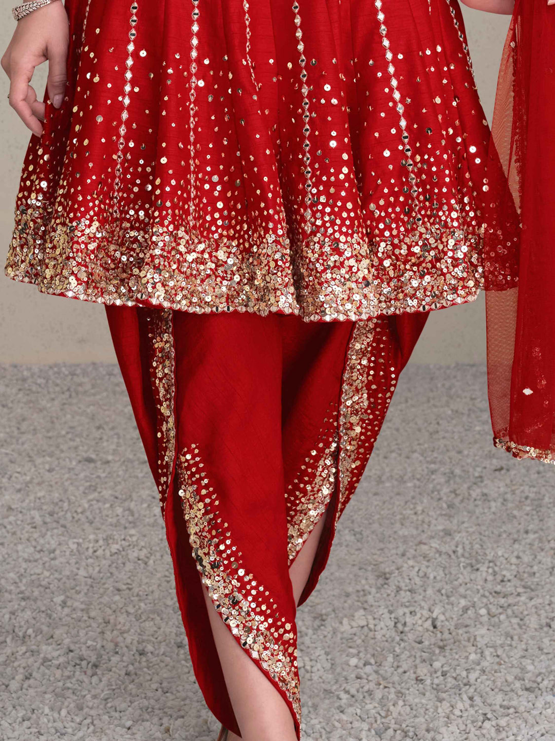 Breathtaking red silk embroidered top with intricate sequin work and matching dhoti
