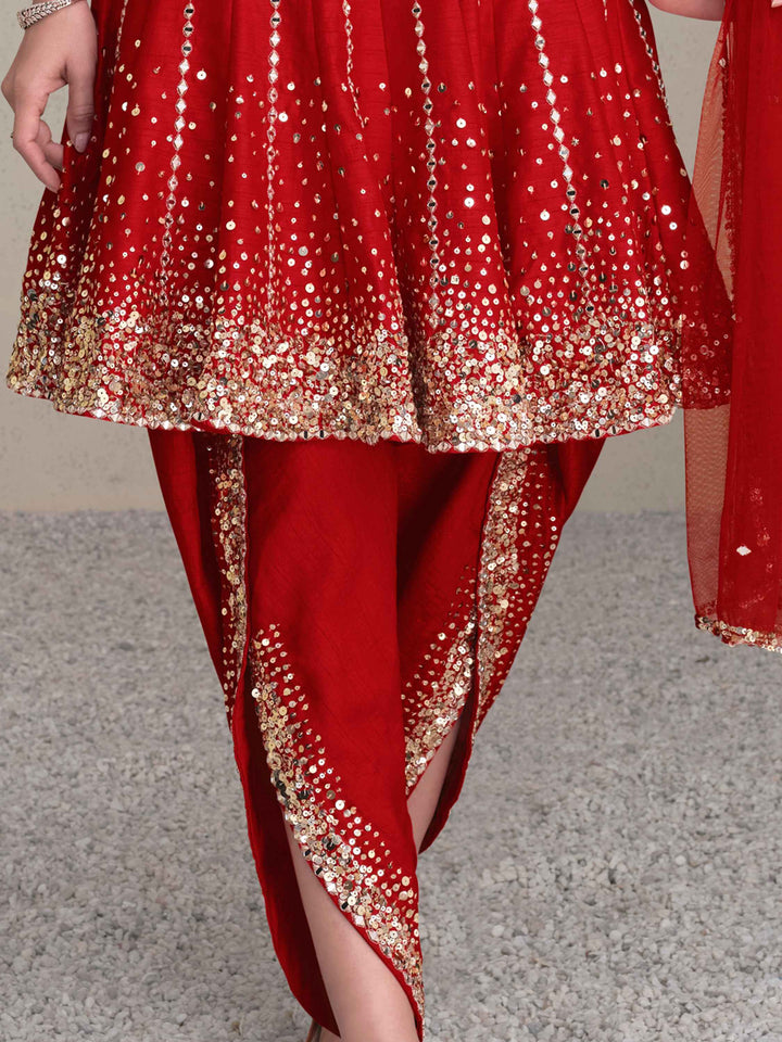 Breathtaking red silk embroidered top with intricate sequin work and matching dhoti