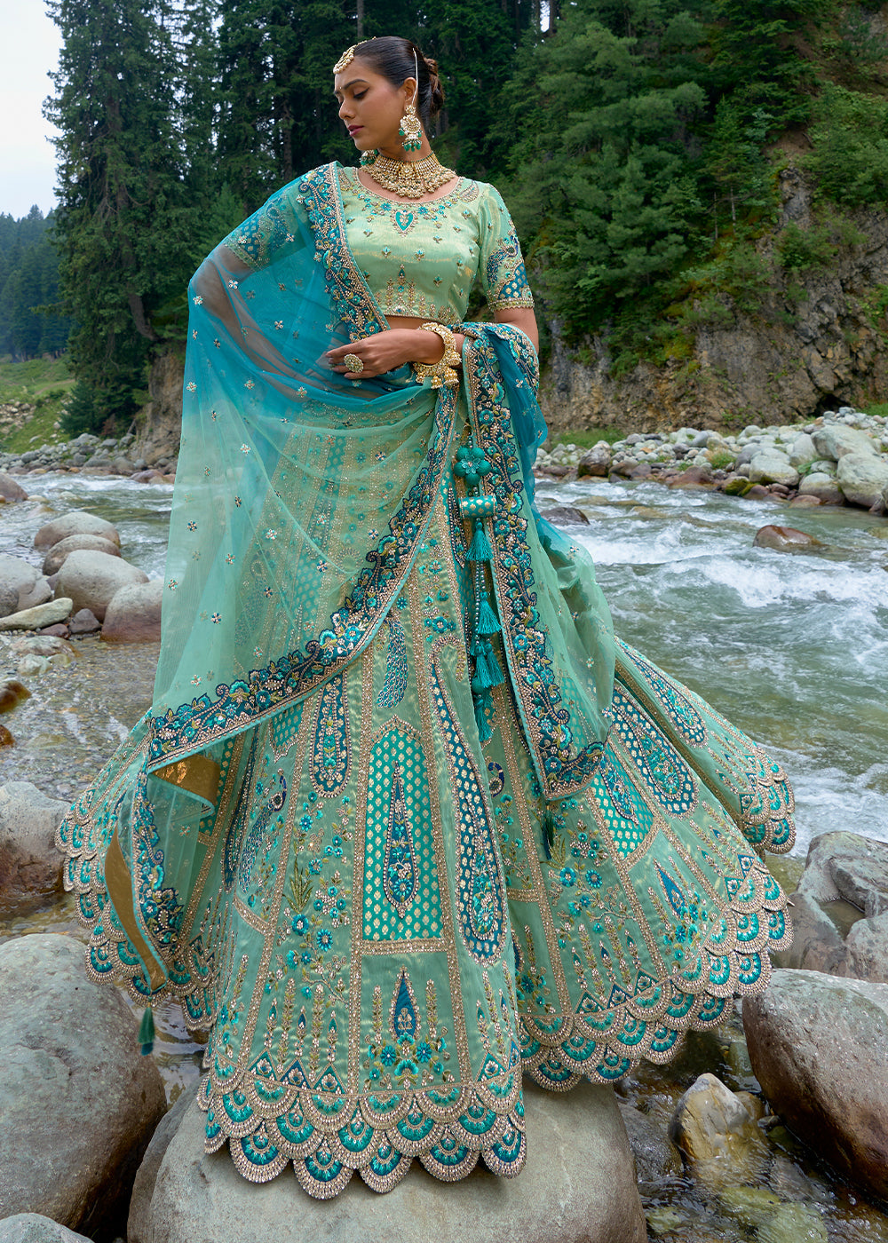 Shades Of Blue Banarasi Silk Lehenga Choli with Embroidery, Zari & Stone Work - qivii