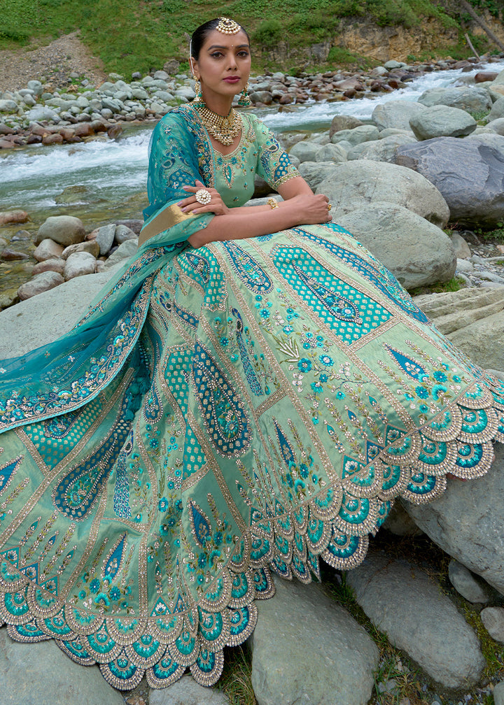 Shades Of Blue Banarasi Silk Lehenga Choli with Embroidery, Zari & Stone Work - qivii