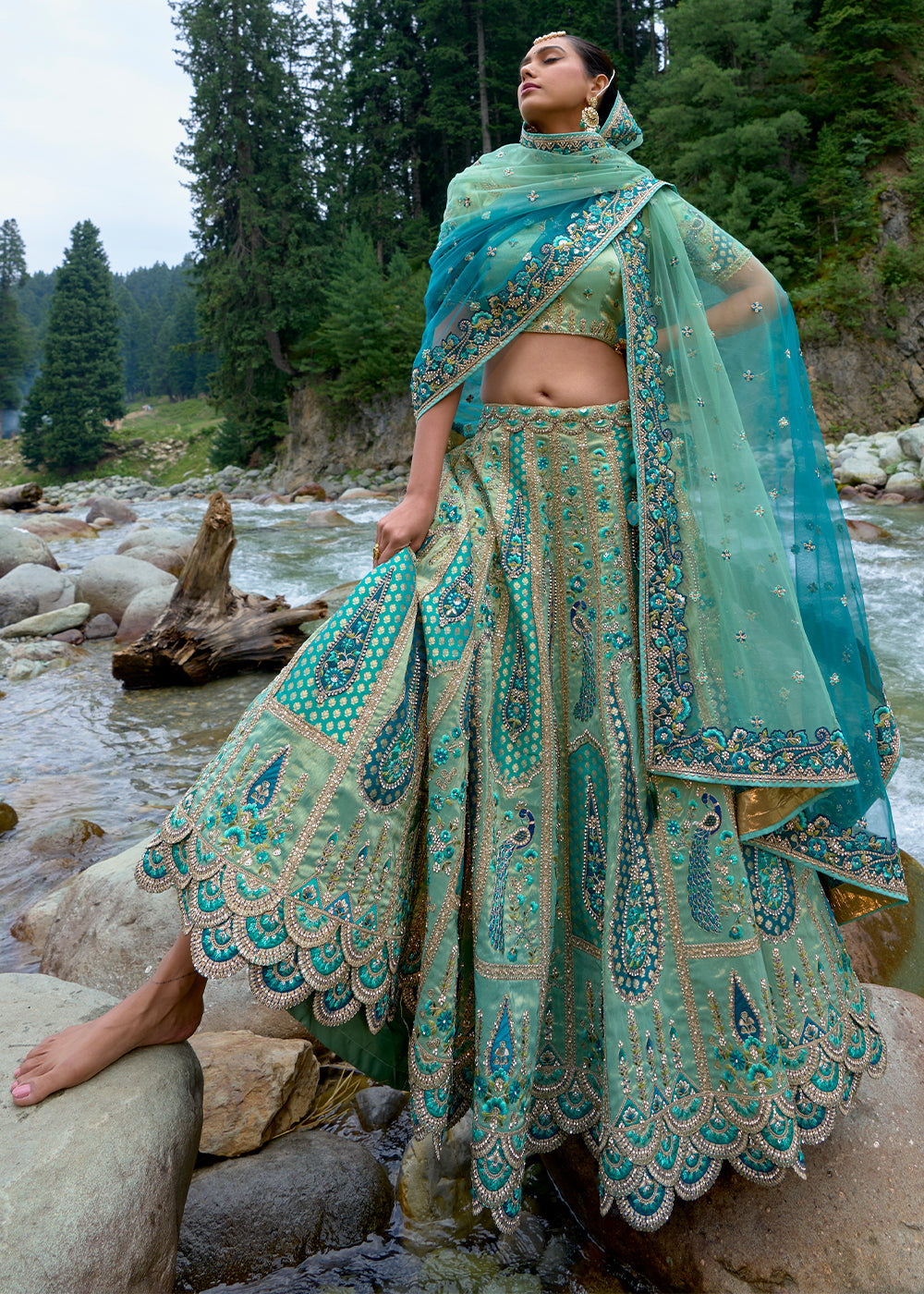 Shades Of Blue Banarasi Silk Lehenga Choli with Embroidery, Zari & Stone Work - qivii