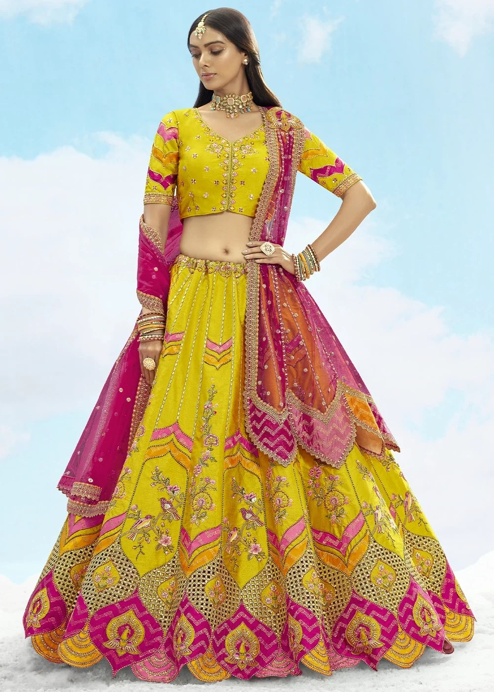 Patch & Cut Work Silk Embroidered Semi Stitched Lehenga Choli & Dupatta - qivii