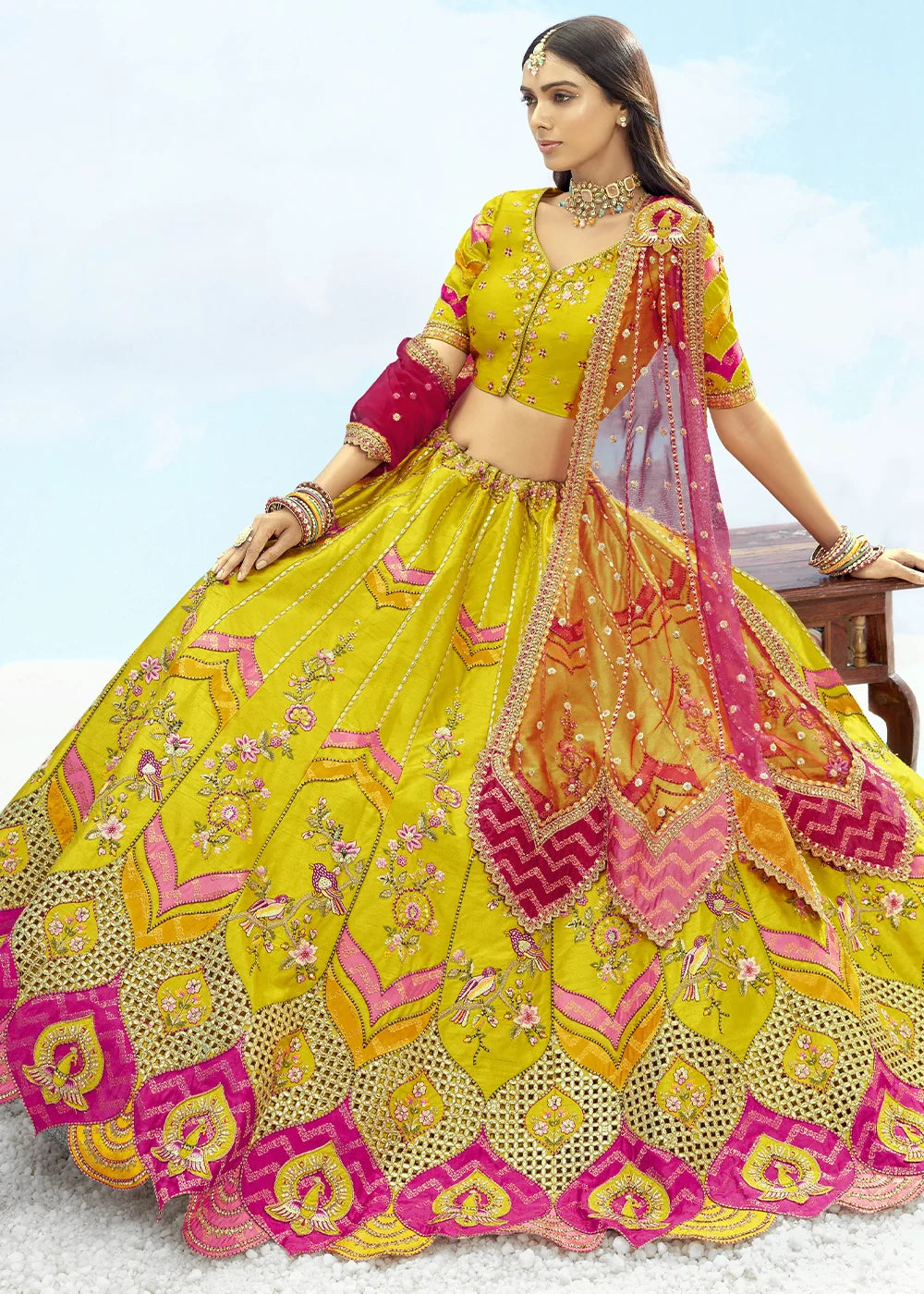 Patch & Cut Work Silk Embroidered Semi Stitched Lehenga Choli & Dupatta - qivii